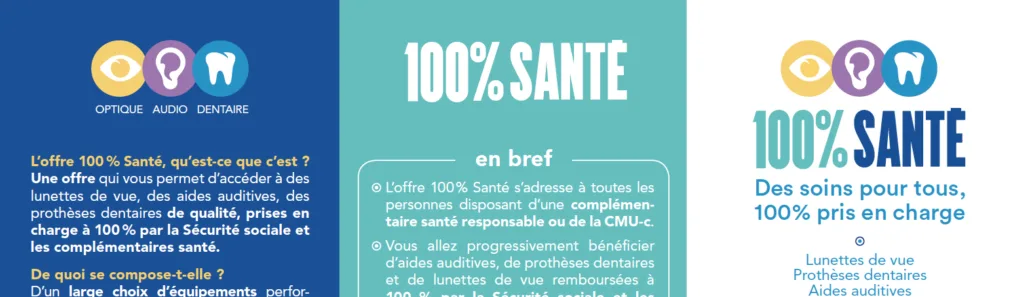 100-sante Affiche de l'offre « 100 % Santé » : optique, audio, dentaire, soins pris en charge à 100 %
