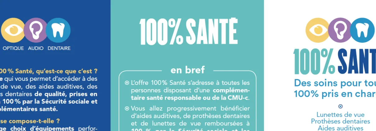Affiche de l'offre « 100 % Santé » : optique, audio, dentaire, soins pris en charge à 100 %