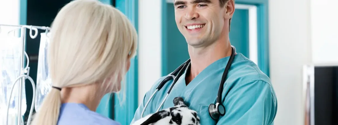 Vétérinaire souriant en tenue verte tenant un chiot dalmatien devant une collaboratrice